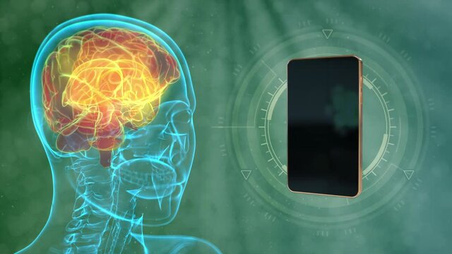 4K 60 fps 3D animation - rontgen human head moving with ringing incoming call mobile phone, brain harm by LTE network concept