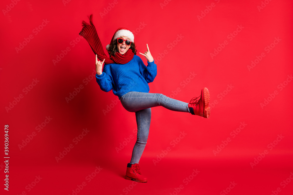 Poster Full length body size view of her she attractive cool cheerful cheery girl wearing festal casual look showing horn symbol having fun dancing isolated bright vivid shine vibrant red color background