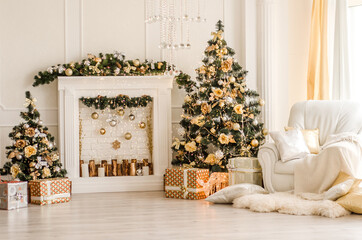 New Year decorated white interior - bright room with Christmas decoration - fir-tree, white...