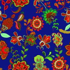 Fototapeta na wymiar Creative seamless pattern with flowers and leaves in ethnic style. Floral decoration. Traditional paisley pattern. Textile design texture.Tribal ethnic vintage seamless pattern. 