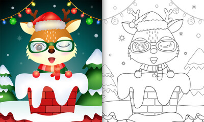 coloring for kids with a cute deer using santa hat and scarf in chimney