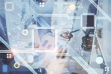 Multi exposure of tech drawings with man working on computer background. Concept of innovation.