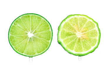 Fresh green lime and Kaffir lime slices isolated on white