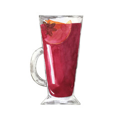 Glass of red mulled wine with fruit, apple and anise star. Hand drawn watercolor illustration.