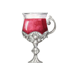 Glass and silver goblet of red mulled wine. Hand drawn watercolor illustration.