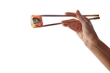 Female hand holding chopsticks with salmon roll © boomeart