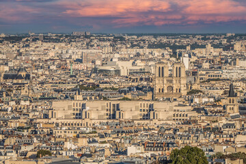 Fototapeta na wymiar aerial view of the Cathedral of Notre Dame in Paris at sunset from the top of the Tour Eiffel