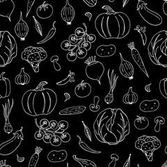 Seamless pattern of vegetable doodles on a dark background. Hand-drawn images. Vector for posters, web, textiles, children's coloring pages.