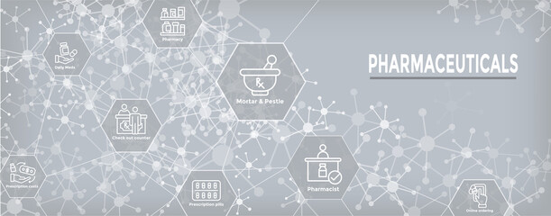 Pharmaceuticals and medications icon set w web header banner