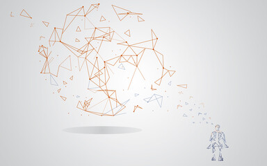 Man integrates into the global network using artificial intelligence isolated on gray background. For ai vector design and low poly. Abstract concept vector