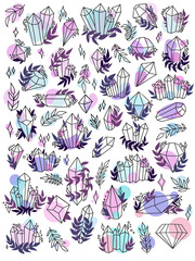 Set of colorful isolated elements crystals and gems on white background, hand drawing graphics, vector illustration. Magic fairytale Halloween theme. Magical elements. Beautiful pastel  drawing