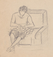 Fototapeta na wymiar Instant sketch, woman doing sewing