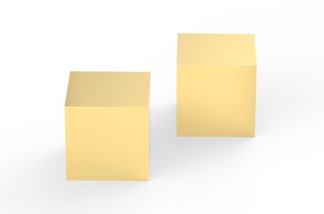 Golden cube on isolated white background, shiny object with reflections made of gold, 3d illustration