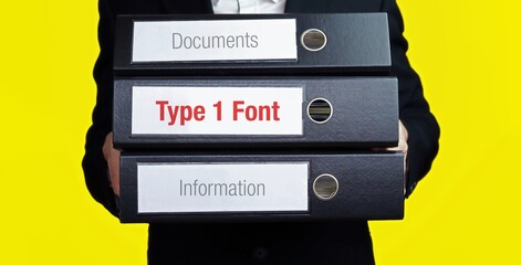 Type 1 Font. Man carries stack of folders. File folders with text label. Background yellow.
