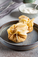 Tasty breakfast with  pancakes and coffee.