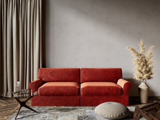 Interior with orange sofa, dry plants and decor. 3d render illustration mock up.