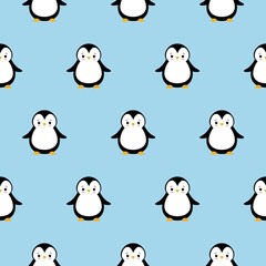 Vector seamless pattern with cute cartoon penguins on blue background. christmas illutration