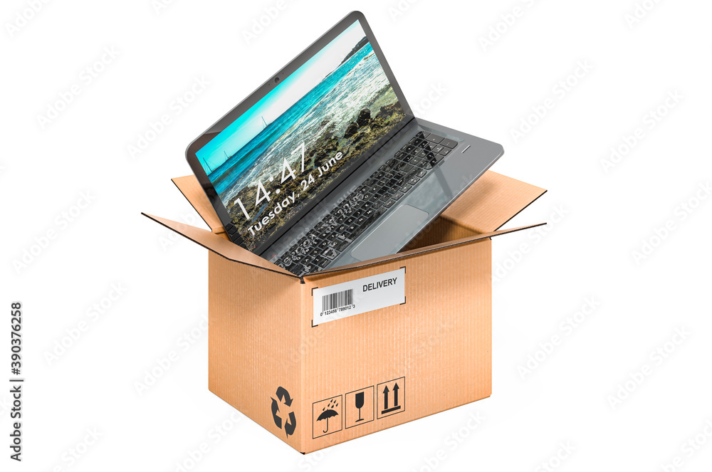 Poster laptop inside cardboard box, delivery concept. 3d rendering photo of beach - https://stock.adobe.com