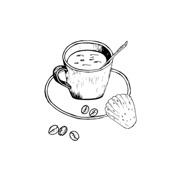sketch illustration - coffee Cup with cookies and coffee