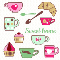 A set of beautiful tea cup and bakery, sweet home consept