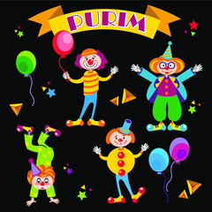 Collection of funny circus clowns. Purim/carnaval