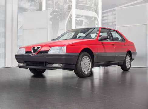 ARESE, ITALY-FEBRUARY 13, 2019: 1987 Alfa Romeo 164 3.0i V6 in the Alfa Romeo Museum (Museo Storico Alfa Romeo)