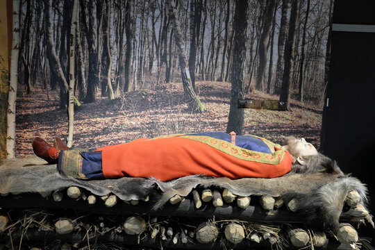 Adult man burn at the stake, burial ceremony,bronze age 1650-1350BC. The Carpathian Troy Open-Air Museum in Trzcinica, Poland