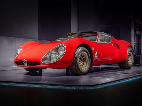 ARESE, ITALY-FEBRUARY 13, 2019: 1967 Alfa Romeo 33 Stradale Prototipo in the Alfa Romeo Museum (Museo Storico Alfa Romeo)