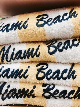 Miami beach towels in souvenir shop, Florida