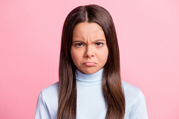 Close up photo of sad sullen brows lips young pupil girl casual outfit isolated on pastel pink color background