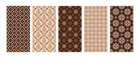 Collection of Christmas knitted seamless patterns with snowflakes and firs. Norwegian style sweater. Wool pullower texture. Vector illustration. Set of holiday backgrounds in beige, brown colors.