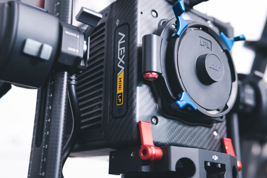 Kyiv, Ukraine - 04.17.2020: Studio shoot of professional video camera Arri Alexa mini LF with out lens, close-up. Professional equipment for cinematographer, movie technology