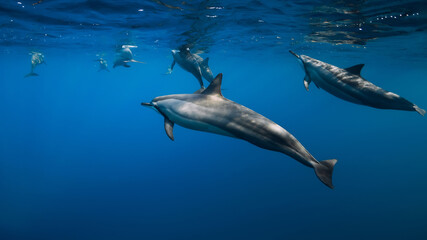 Spinner dolphins in tropical ocean with sunlight. Dolphins in underwater