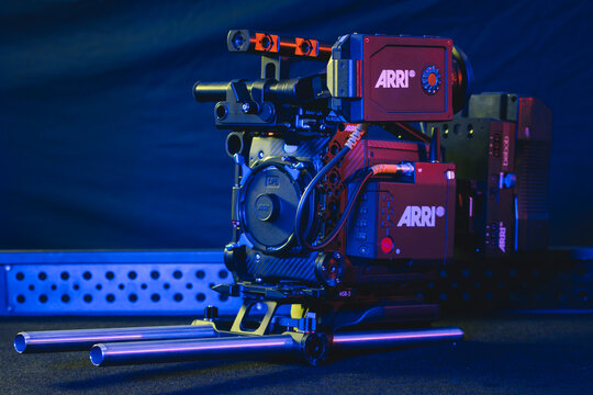 Kyiv, Ukraine - 04.17.2020: Studio shoot of professional video camera Arri Alexa mini LF with out lens, close-up. Professional equipment for cinematographer, movie technology