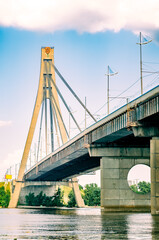 Fototapeta premium Detail of the pylon of the cable-stayed bridge Moskovsky (Pivnichnyi ) bridge, built by Heorhii Fuks, in Kiev, Ukraine.