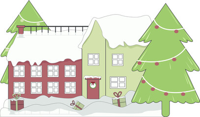 Christmas card with cute little town. seamless.Christmas card. Cute houses, Christmas tree. Snow is falling. postcard, poster, banner, print. gift.Christmas, Santa Claus.vector illustration