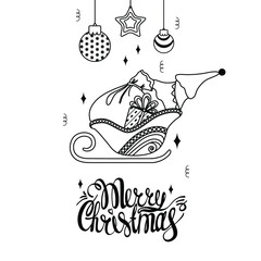 Santa's sledge. Christmas gifts. Gift box. Package. Christmas tree. New year's illustration. Vector. White background. Lettering. Christmas balls.