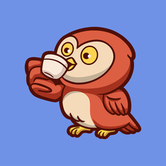 cartoon animal design owl drinking a cup of drink cute mascot logo