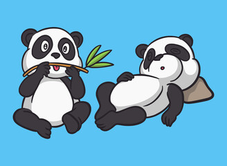 cartoon animal design panda eats bamboo and the panda sleeps cute mascot logo