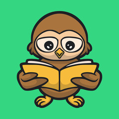 cartoon animal design Owl reading a book cute mascot logo