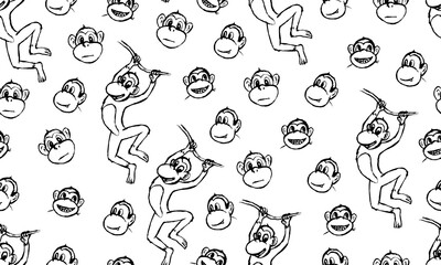 Obraz premium Funny monkey illustration. Seamless pattern. Hand drawn vector jungle animal with playful face. Character for children's book, poster, print or design element.