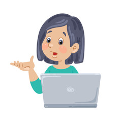 Online education for children. A cute puzzled girl looks at the laptop screen. In cartoon style. Isolated on white background. Vector flat illustration.