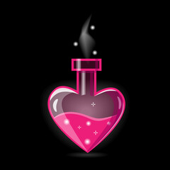 Bottle with Magic Potion. Elements for Game Design, RPG, Icons. Heart Shape and Pink Color Pot with Magical Elixir of Love. Vector illustration Isolated on black.