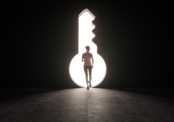 3D rendering illustration of girl silhouette in front of key shape running trough light
