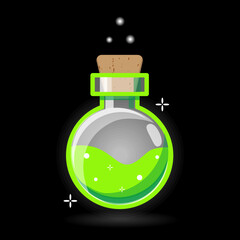 Bottle with Magic Potion. Elements for Game Design, RPG, Icons. Round Shape and Green Color Pot with Magical Elixir of Poison. Vector illustration Isolated on black.