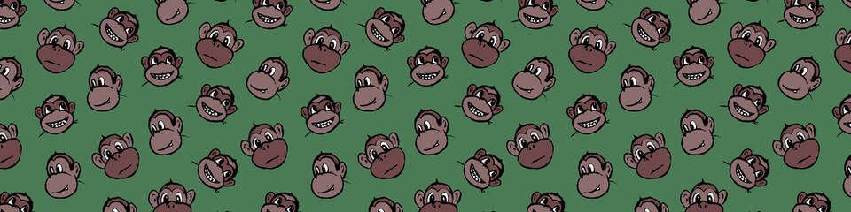 Naklejka premium Funny monkey illustration. Horizontal banner with cute pattern. Hand drawn vector jungle animal with playful face. Character for children's book, poster, print or design element.