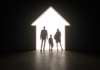 3D rendering illustration of family silhouette in front of house shape going trough light