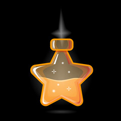 Bottle with Magic Potion. Elements for Game Design, RPG, Icons. Star Shape and Orange Color Pot with Magical Sand. Vector illustration Isolated on black.