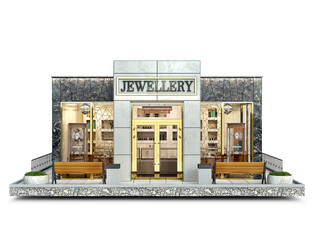 Front view on a jewellery shop building on a piece of ground, 3d iilustration