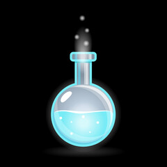 Bottle with Magic Potion. Elements for Game Design, RPG, Icons. Round Shape and Blue Color Pot with Magical Elixir of Mana . Vector illustration Isolated on black.